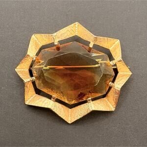 Vintage Signed Star Brooch Citrine Faceted Glass Gold Tone Frame Textured 2"